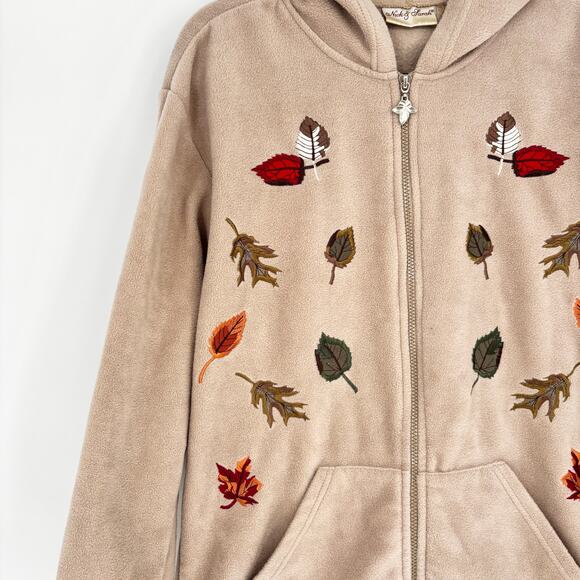 Nick & Sarah Tan Fall Leaves Hooded Zip-up Fleece Jacket Size L - Picture 2 of 6